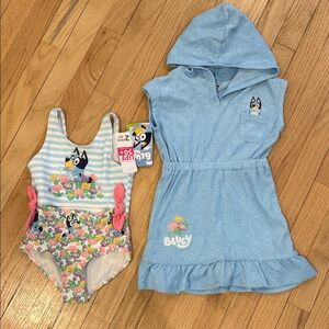 Bluey Hooded Beach Cloth Coverup & Floral Swimsuit Set - Light Blue & Multicolor